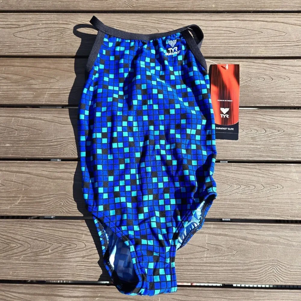 TYR Durafast Elite Team Check Swimsuit Diamondf Blue Youth Girl Sz 26 New